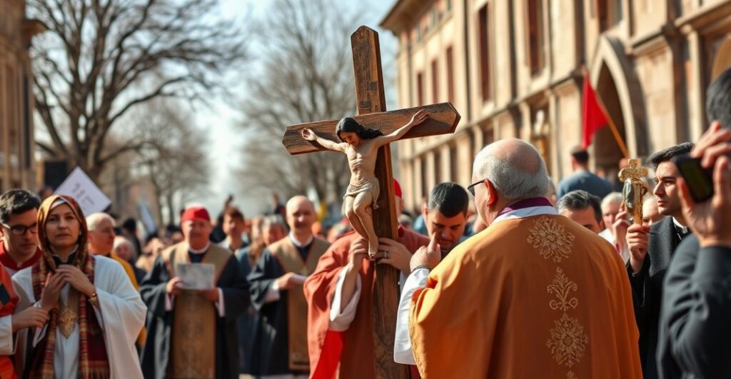 Szanowna katolicka scena procesji z krzyżem, oddająca szacunek i powagę tradycyjnego kultu, z duchownymi w strojach liturgicznych i wiernymi w modlitewnym skupieniu