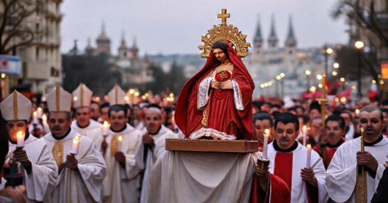 Procesja katolicka w Libanie z obrazem Najświętszego Serca Jezusa w otoczeniu kapłanów i wiernych. W tle delegacja CNEWA i przedstawiciele partii Hezbollah symbolizujący zdradę misji katolickiej.