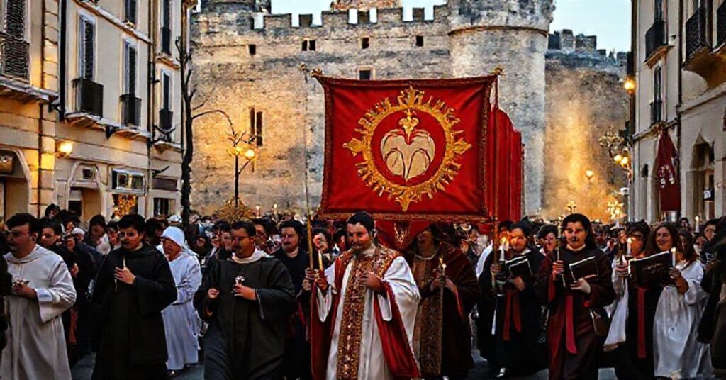 Uroczysta procesja katolicka z bannerem Najświętszego Serca Jezusowego w Marsylii, symbolizująca walkę z sekularyzmem