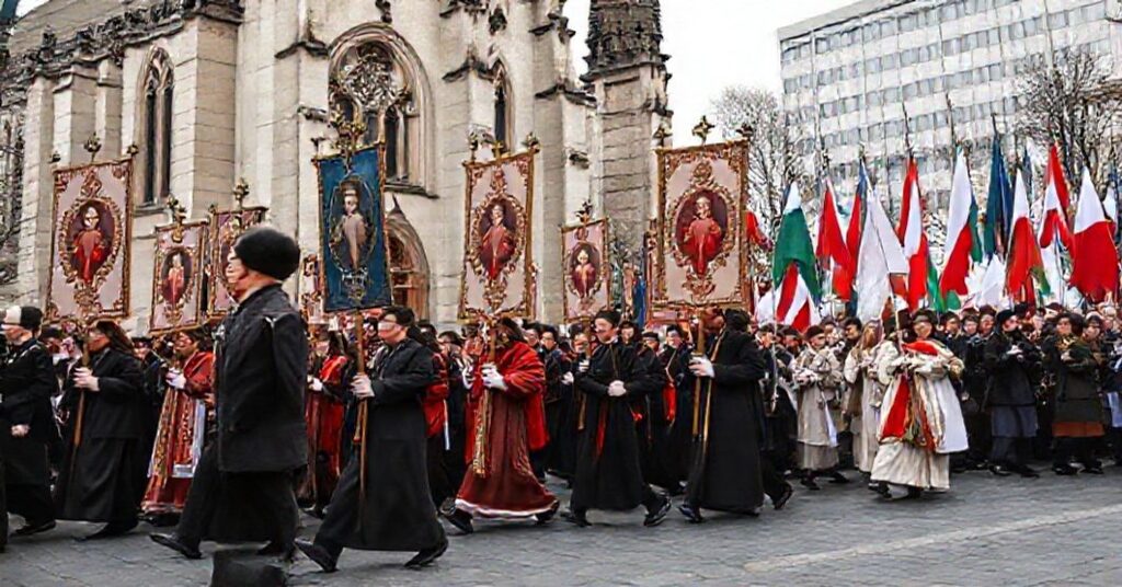 Procesja katolicka pod przewodnictwem wiernych z obrazami Najświętszego Serca Jezusa i Niepokalanego Serca Maryi podczas Marszu Niepodległości w Warszawie.