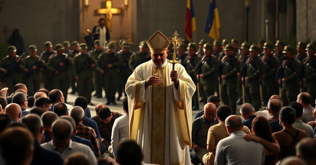 Procesja katolicka z Najświętszym Sakramentem przed tłem wojskowym wenezuelskiego prezydenta Maduro