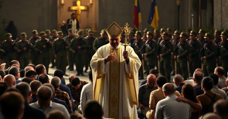 Procesja katolicka z Najświętszym Sakramentem przed tłem wojskowym wenezuelskiego prezydenta Maduro