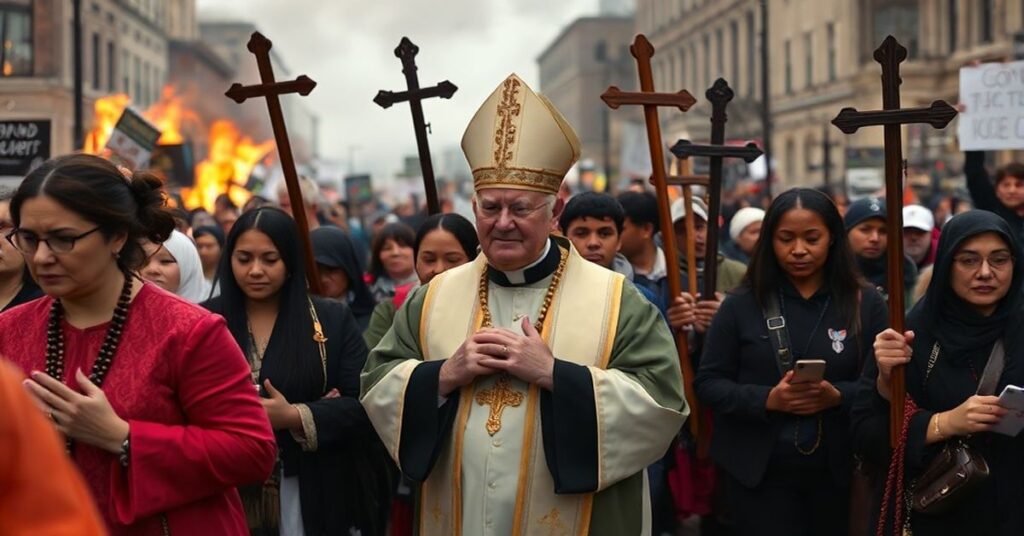 Procesja katolicka w Minneapolis z krzyżami i modlitwą różańcową na tle protestów i chaosu społecznego.