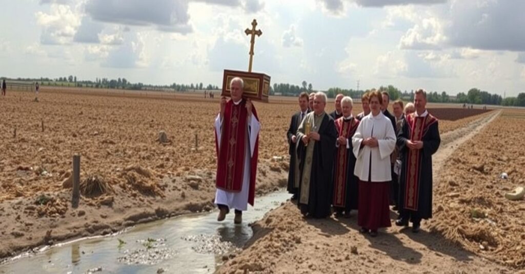 Procesja katolicka z Najświętszym Sakramentem na suchym polu z suchą rzeką w tle.