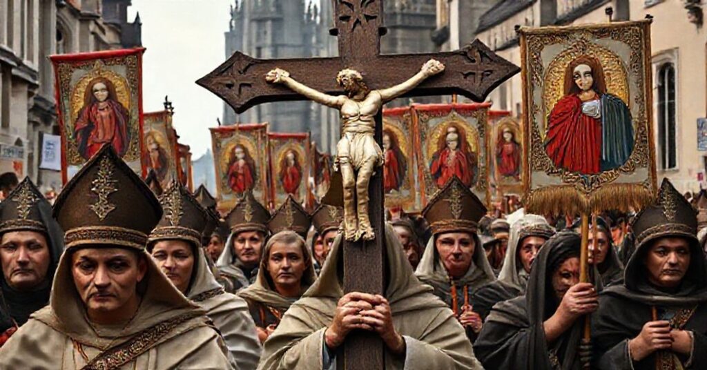 Procesja katolicka w Polsce z krzyżem i wizerunkami Matki Bożej, symbolizująca misję Polski jako przedmurza chrześcijaństwa