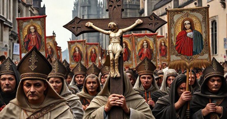 Procesja katolicka w Polsce z krzyżem i wizerunkami Matki Bożej, symbolizująca misję Polski jako przedmurza chrześcijaństwa