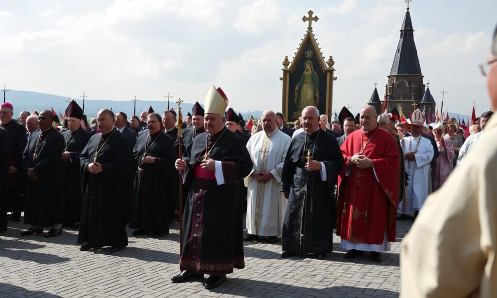 Procesja katolicka na Jasnej Górze z kardynałem Stefanem Wyszyńskim i Czarą Madonną Częstochowską podczas obchodów 60. rocznicy Milenijnego Aktu Oddania
