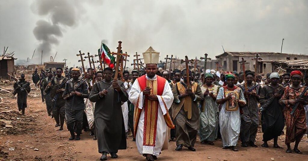 Procesja katolicka w Nigerii z wiernymi niosącymi krzyże i obrazy świętych w ruinach miasta.