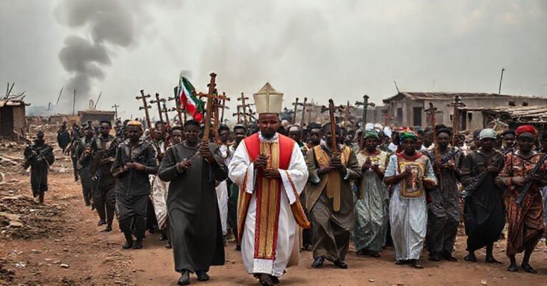 Procesja katolicka w Nigerii z wiernymi niosącymi krzyże i obrazy świętych w ruinach miasta.