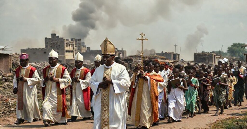 Procesja katolicka w Nigerii z biskupem niosącym monstrancję i kapłanami w tradycyjnych szatach liturgicznych