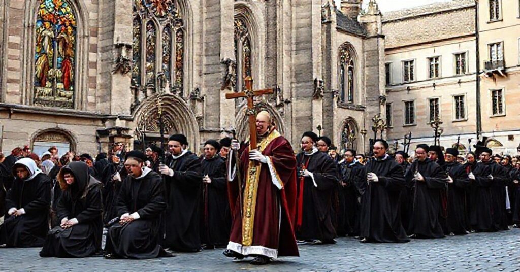 Piesza procesja katolicka prowadzona przez biskupa sedevacantistycznego w historycznej europejskiej placu miejskim.