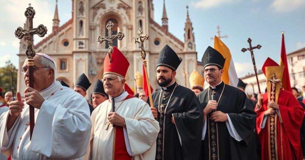 Obraz katolickich duchownych i wiernych podczas procesji, symbolizujący wierność tradycyjnej nauce Kościoła w obliczu ekumenicznego zagrożenia w Sztokholmie