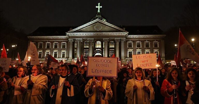 Procesja katolicka przed budynkiem parlamentu holenderskiego z udziałem duchownych i rodzin modlących się za ochronę życia nienarodzonych.