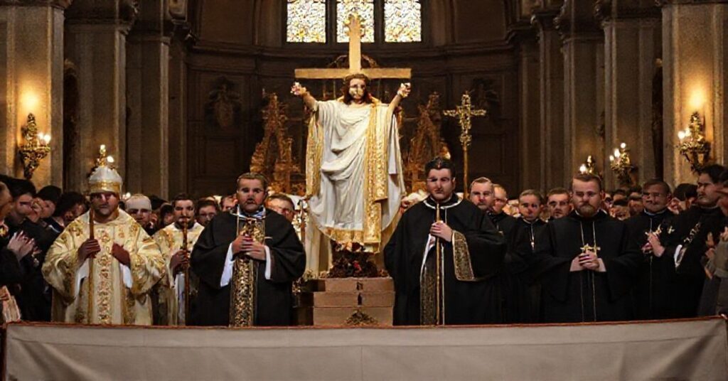 Procesja katolicka w Olsztynie z figurą Chrystusa Króla w obecności "abpa" Józefa Góryńskiego i władz państwowych.