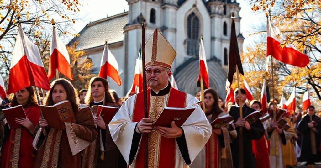 Procesja katolicka w Polsce symbolizująca opór przeciwko apostazji politycznej. Wierni modlący się przed kościołem w tradycyjnych szatach religijnych.