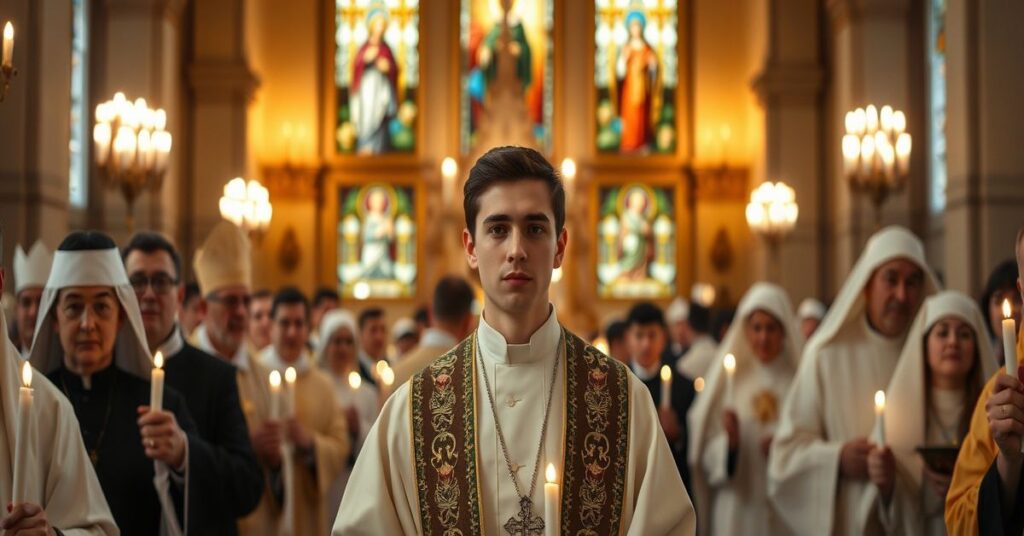 Procesja katolicka w tradycyjnym kościele z młodzieńcem Pedro Ballesterem w stroju Opus Dei otoczonym kapłanami i wiernymi.