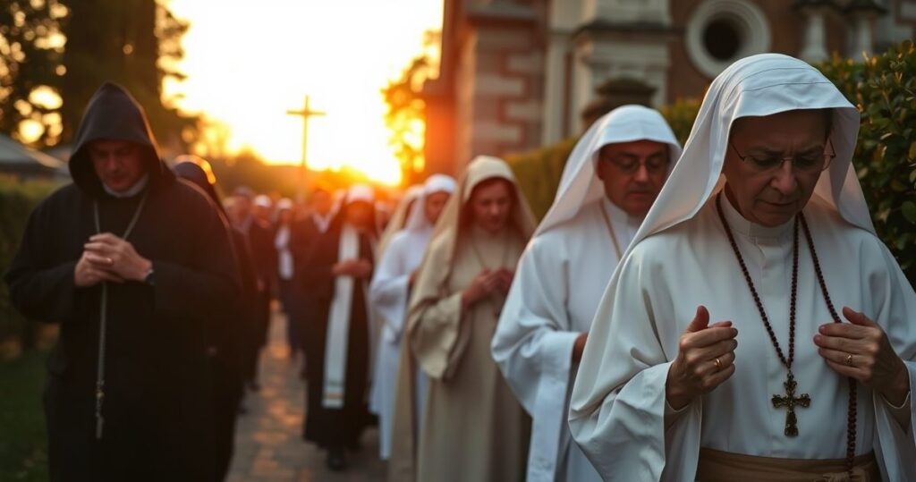 Zdjęcie realistycznej katolickiej procesji pielgrzymów modlących się w tradycyjnych strojach, idących w duchu pokory i wiary, przy zachodzie słońca, na tle kościoła i natury