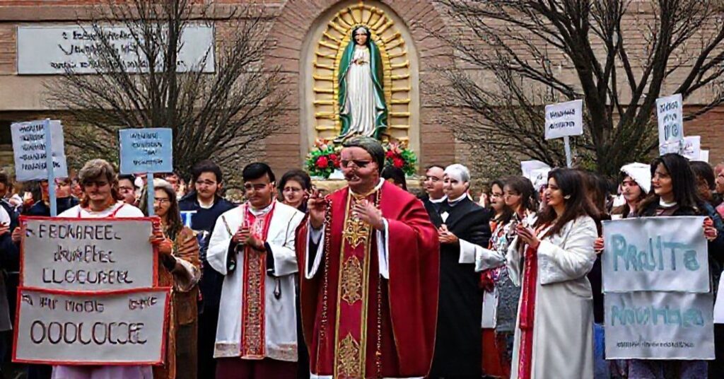 Procesja katolicka przed zamkniętym centrum Planned Parenthood z modlącymi się wiernymi i kapłanem w ornaty