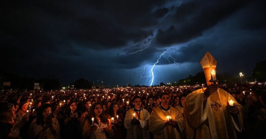 Procesja katolicka pod burzliwym niebem symbolizująca duchowe niebezpieczeństwo synkretyzmu i fałszywego ekumenizmu podczas tzw. Światowego Dnia Młodzieży