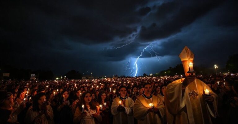 Procesja katolicka pod burzliwym niebem symbolizująca duchowe niebezpieczeństwo synkretyzmu i fałszywego ekumenizmu podczas tzw. Światowego Dnia Młodzieży