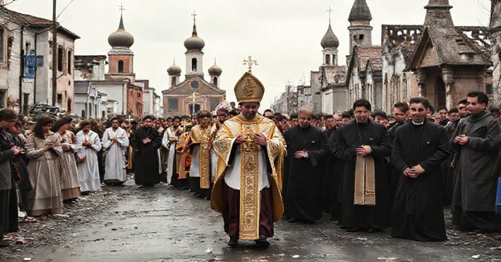 Procesja katolicka przy zniszczonym kościele na Ukrainie z prezydentem Nawrockim i ministrem Sybiha w tle