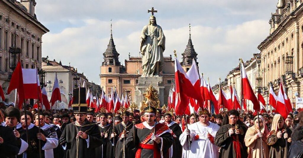 Procesja katolicka w Polsce z symbolami religijnymi i flagami narodowymi pod rzeźbą Chrystusa Króla