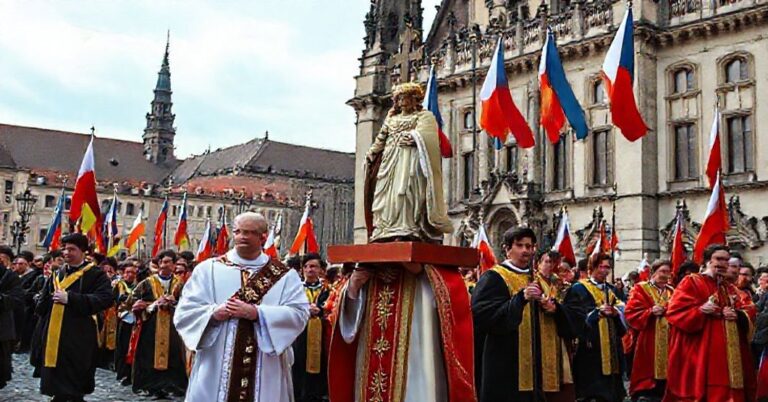 Procesja katolicka w Pradze z rzeźbą Chrystusa Króla w tle budynku rządu czeskiego.
