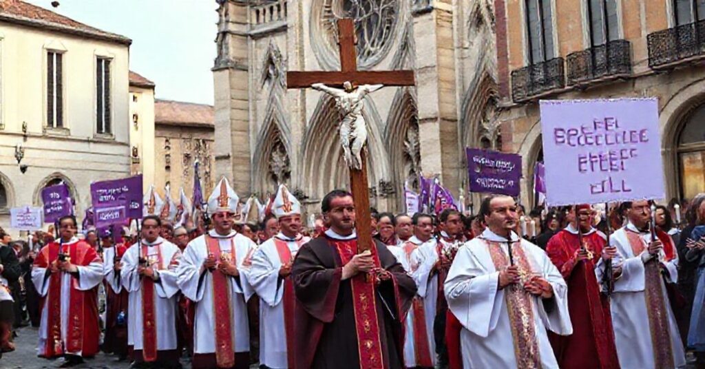 Procesja katolicka przeciwko eutanazji w Francji, z udziałem kapłanów i wiernych modlących się przed katedrą.
