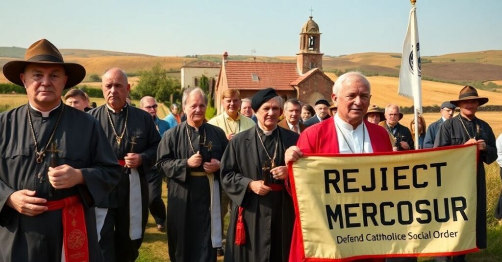 Procesja katolicka w tradycyjnej wiosce europejskiej podczas protestu przeciwko umowie UE-Mercosur