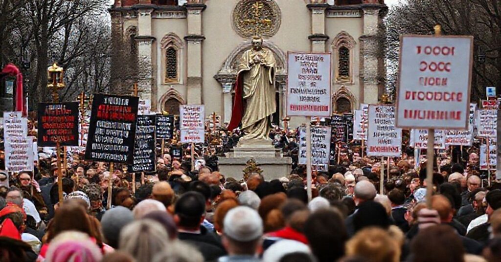 Uroczysty katolicki procesji w Polsce z protestującą tłumem przeciwko kultu Karola Wojtyły przed kościołem z widocznym posągiem Chrystusa Króla.