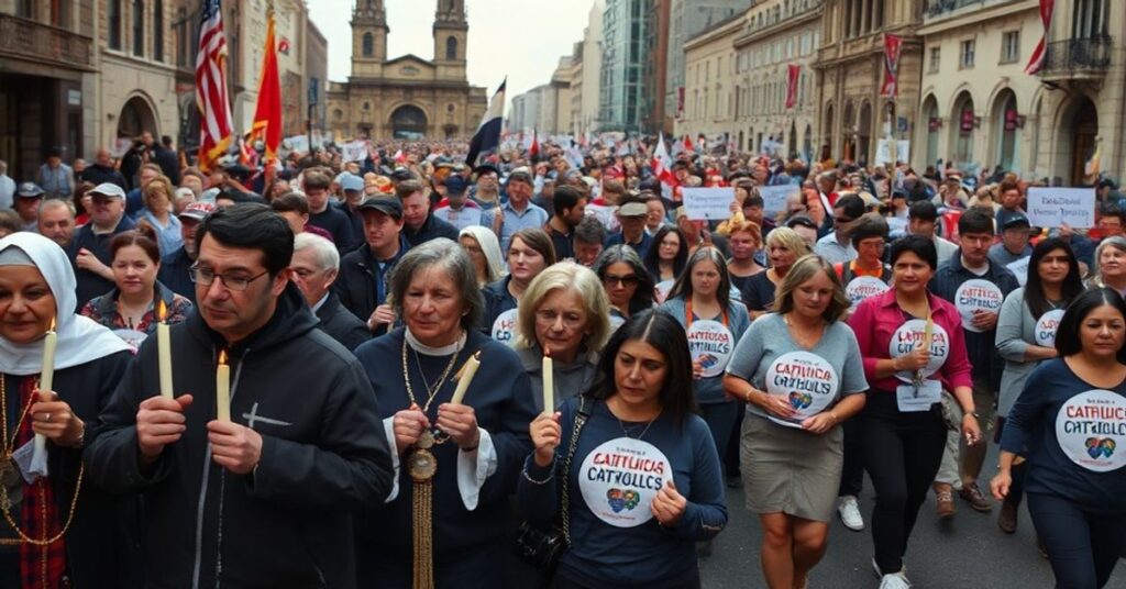 Procesja katolicka przeciw aborcji z kontrastem między wiernymi a 'katolikami' popierającymi zabójstwo dzieci