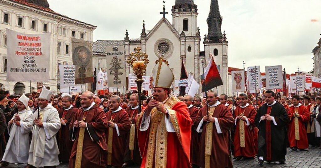 Procesja katolicka z biskupem i monstrancją przeciwko modernistycznemu zgromadzeniu w Polsce