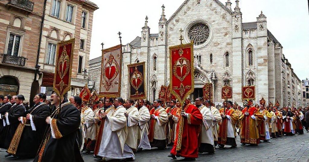 Procesja katolików w tradycyjnych strojach liturgicznych przed nowoczesnym kościołem koncyliarskim