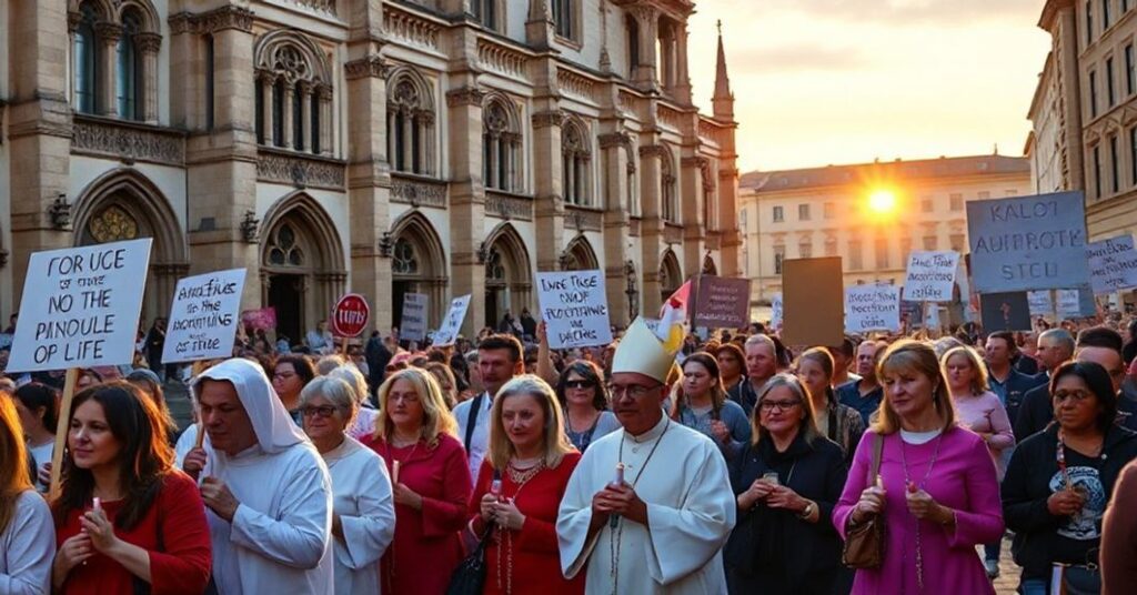 Pielgrzymi modlący się w procesji katolickiej podczas protestu przeciw aborcji w Europie
