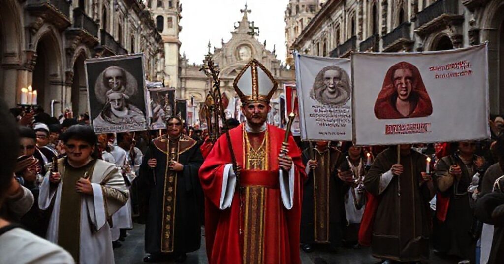 Procesja katolicka w Meksyku przeciwko eutanazji, prowadzona przez tradycyjnie ubranego biskupa sedevacantistowskiego z transparentami z cytatami z nauk Piusa XII.