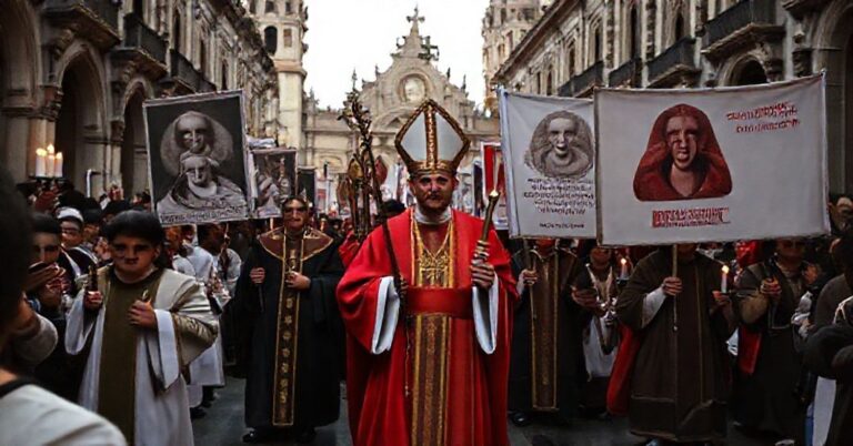 Procesja katolicka w Meksyku przeciwko eutanazji, prowadzona przez tradycyjnie ubranego biskupa sedevacantistowskiego z transparentami z cytatami z nauk Piusa XII.