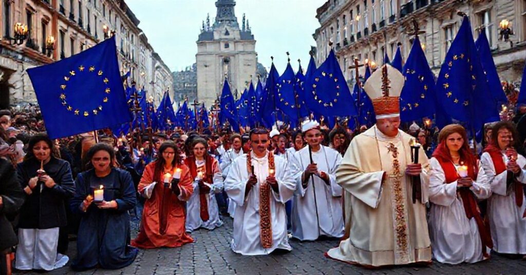 Procesja katolicka przeciwko finansowaniu turystyki aborcyjnej przez UE, z biskupem Jakubem Bałtroszewiczem na czele