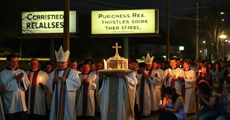 Procesja katolicka przed zamkniętą kliniką aborcyjną w Teksasie z modlącymi się ludźmi i monstrancją