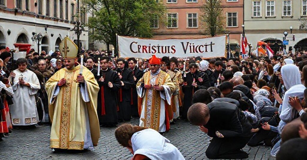 Procesja katolicka w polskiej miejscowości z biskupem w pełnym ornacie liturgicznym na czele, wierni trzymający świece i różańce modlący się o przywrócenie społecznego panowania Chrystusa Króla.