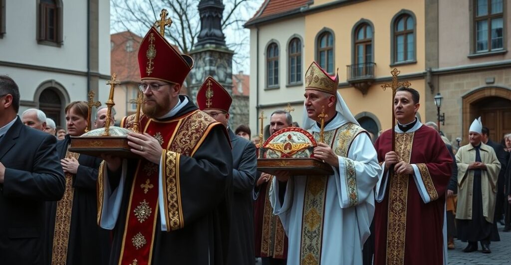 Szlachetna procesja katolicka z relikwiami świętych Stanisława i Doroty podczas uroczystości w Polsce, ukazująca wiernych w modlitwie i tradycyjne obrzędy, w realistycznym, duchowym ujęciu
