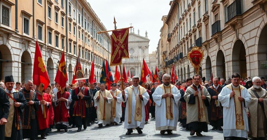 Procesja katolicka na cześć Matki Bożej Różańcowej w tradycyjnym stroju kościelnym