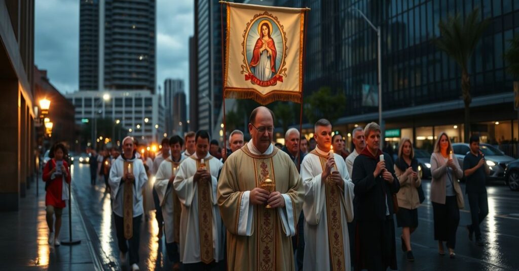 Procesja katolicka w Sydney pod banderą Matki Bożej Fatimskiej
