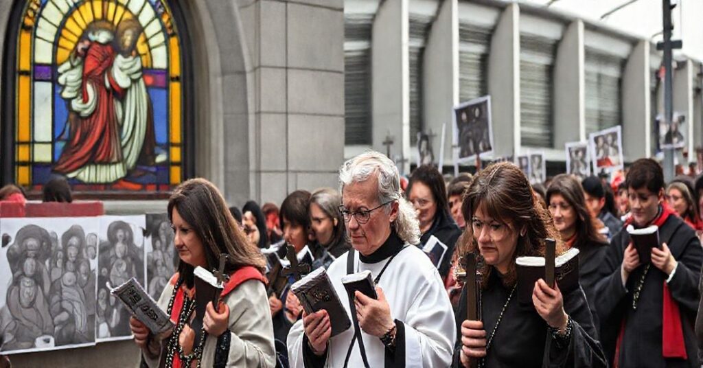 Procesja katolicka w Toronto z krzyżami i modlitewnikami, z wizerunkiem Chrystusa Króla w tle, symbolizującą brak perspektywy nadprzyrodzonej w współczesnym ruchu pro-life.