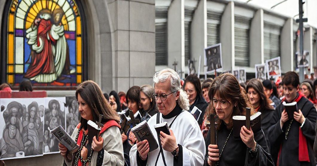 Procesja katolicka w Toronto z krzyżami i modlitewnikami, z wizerunkiem Chrystusa Króla w tle, symbolizującą brak perspektywy nadprzyrodzonej w współczesnym ruchu pro-life.