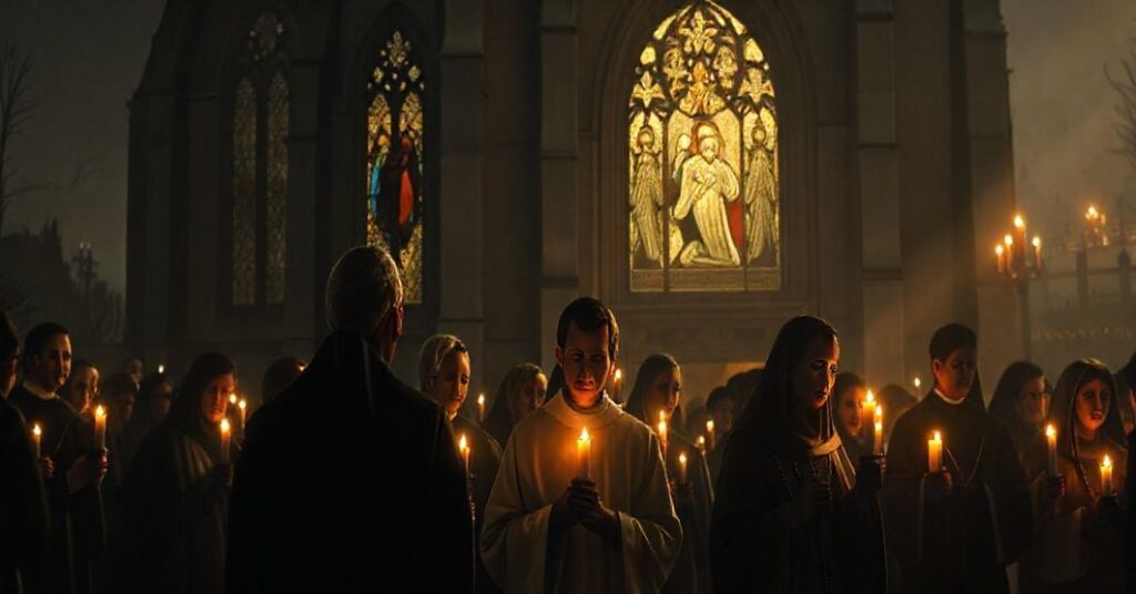 Procesja katolicka przed neogotyckim kościołem z wiernymi trzymającymi świece i różańce