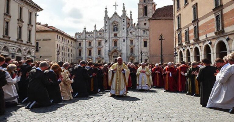 Procesja katolicka z tradycyjną Mszą św. w europejskim placu, wyrażająca głęboki smutek i wiarę w czasie kryzysu duchowego.