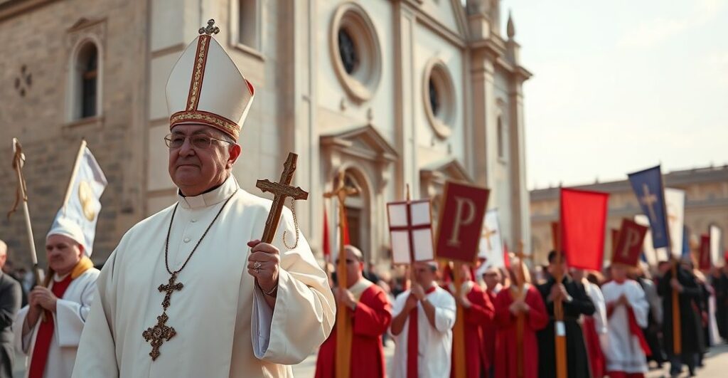 Fotografia realistyczna katolickiego kapłana prowadzącego procesję wiernych w tradycyjnej szacie, ukazująca głębokie nabożeństwo i autentyczną wiarę