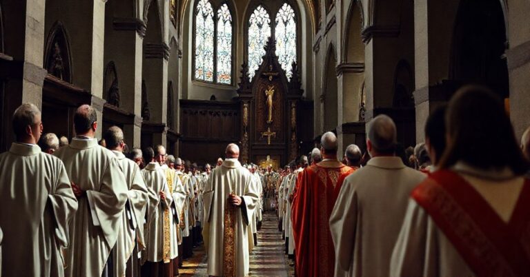 Szczegółowa scena procesji katolickiej w tradycyjnej świątyni, ukazująca duchową powagę i wierność katolickiej tradycji, krytycznie ukazująca nowoczesne zamiany w Kościele.