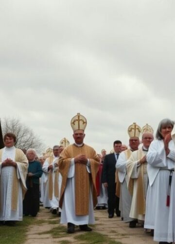 Procesja katolicka z kapłanem w tradycyjnych strojach podczas dożynek Realistyczne zdjęcie katolickiego kapłana i wiernych w tradycyjnych strojach podczas procesji, podkreślające duchowość i powagę liturgii