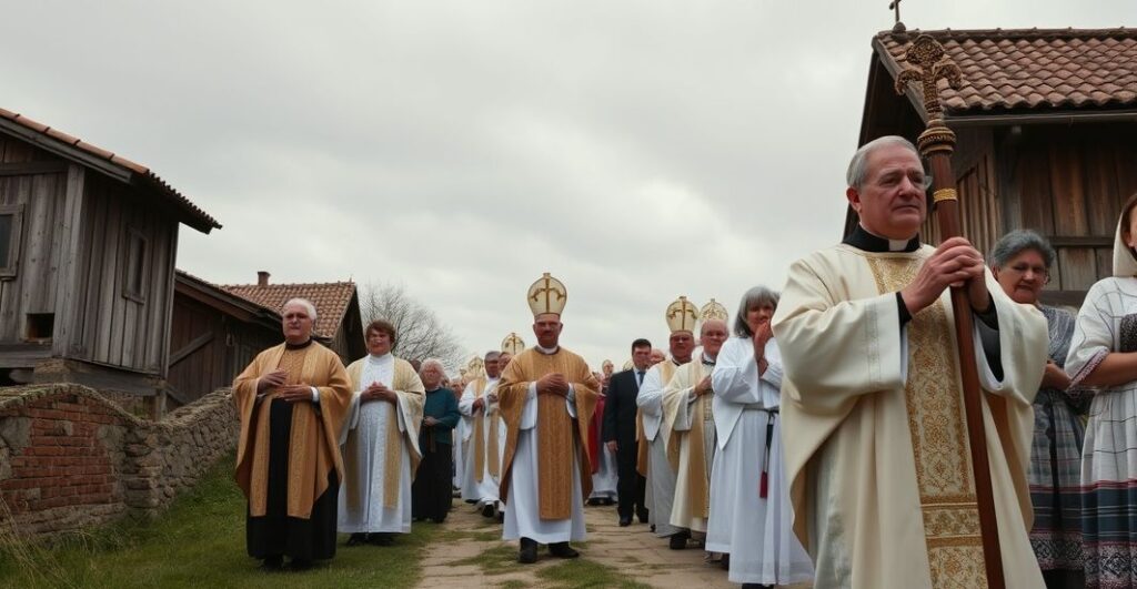 Realistyczne zdjęcie katolickiego kapłana i wiernych w tradycyjnych strojach podczas procesji, podkreślające duchowość i powagę liturgii